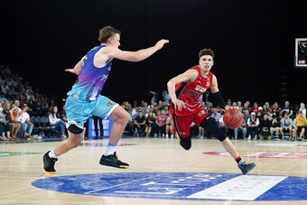 AUCKLAND, NEW ZEALAND - NOVEMBER 30: LaMelo Ball of the Hawks drives against Finn Delany of the Breakers during the round 9 NBL match between the New Zealand Breakers and the Illawarra Hawks at Spark Arena on November 30, 2019 in Auckland, New Zealand. (P