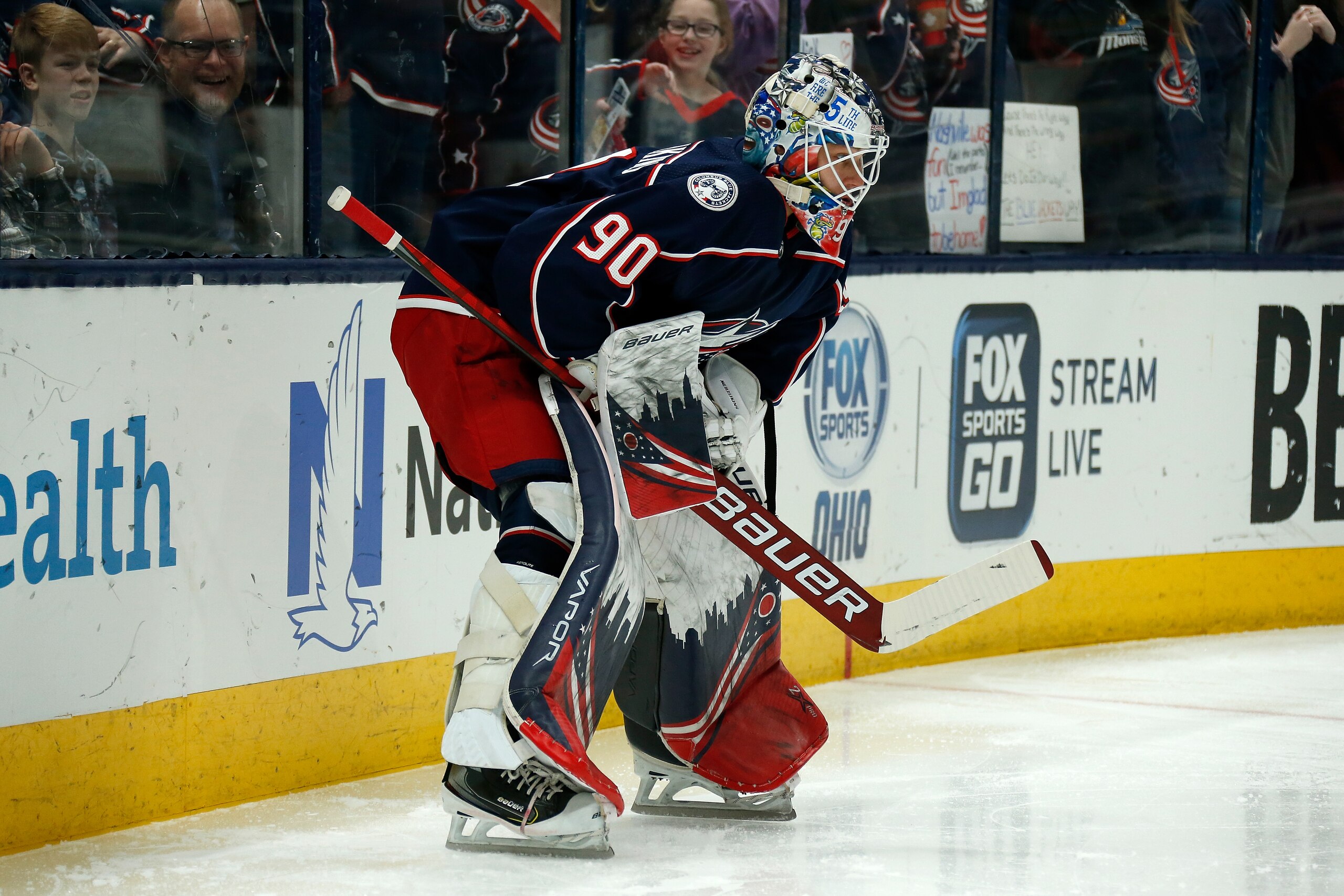 COLUMBUS, OH - FEBRUARY 24:  Elvis Merzlikins #90 of the Columbus Blue Jackets warms up prior to the start of the game against the Ottawa Senators on February 24, 2020 at Nationwide Arena in Columbus, Ohio. (Photo by Kirk Irwin/Getty Images)