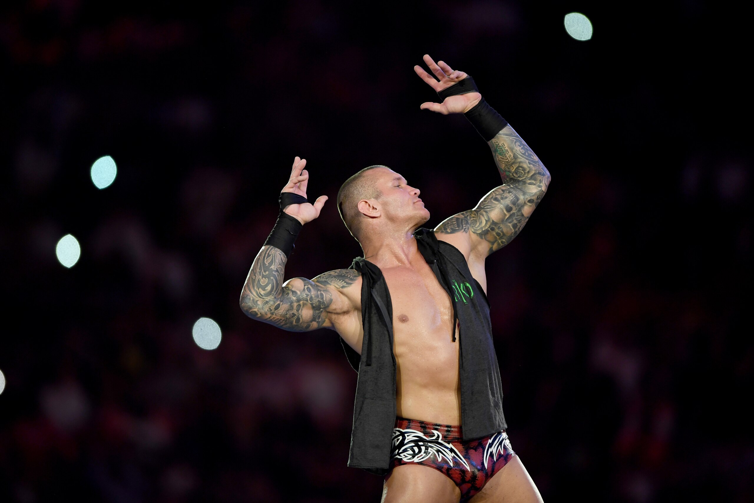 World Heavyweight Champion Randy Orton poses for photographers during the World Wrestling Entertainment (WWE) Super Showdown event in the Saudi Red Sea port city of Jeddah late on January 7, 2019. (Photo by Amer HILABI / AFP)        (Photo credit should r