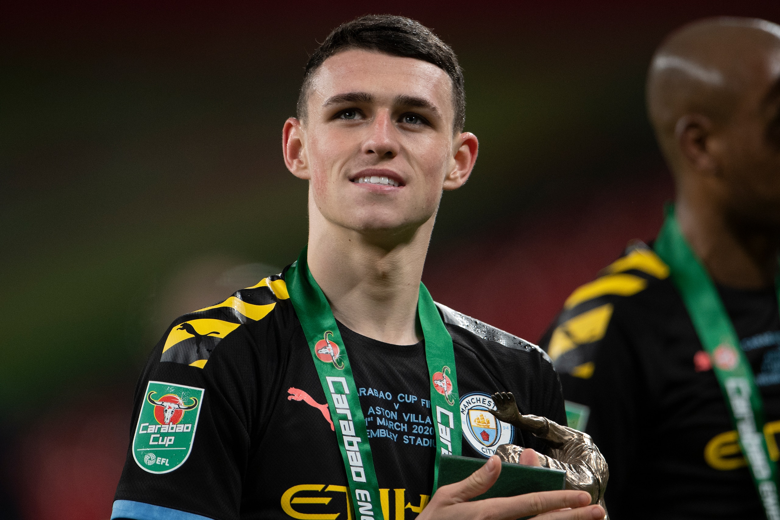 LONDON, ENGLAND - MARCH 01: Phil Foden of Manchester City celebrates victory after the Carabao Cup Final between Aston Villa and Manchester City at Wembley Stadium on March 01, 2020 in London, England. (Photo by Visionhaus)