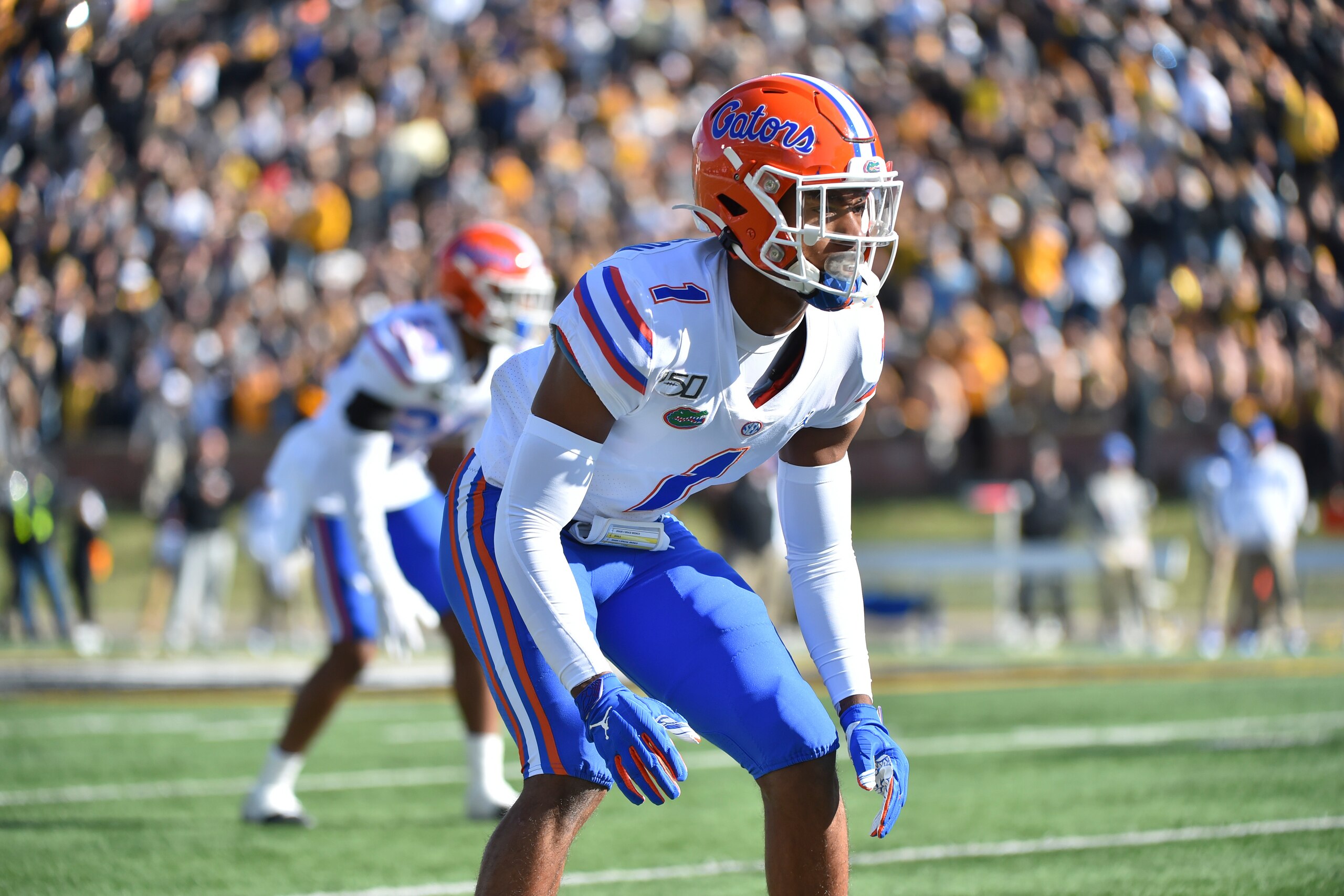 COLUMBIA, MISSOURI - NOVEMBER 16: Defensive back CJ Henderson #1 of the Florida Gators in action against the Missouri Tigers at Faurot Field/Memorial Stadium on November 16, 2019 in Columbia, Missouri.
