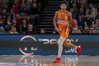 ULM, GERMANY - MARCH 08: (BILD ZEITUNG OUT) Killian Hayes of Ratiopharm Ulm controls the Ball during the EasyCredit Basketball Bundesliga (BBL) match between Ratiopharm Ulm and MHP Riesen Ludwigsburg at ratiopharm Arena on March 8, 2020 in Ulm, Germany. (