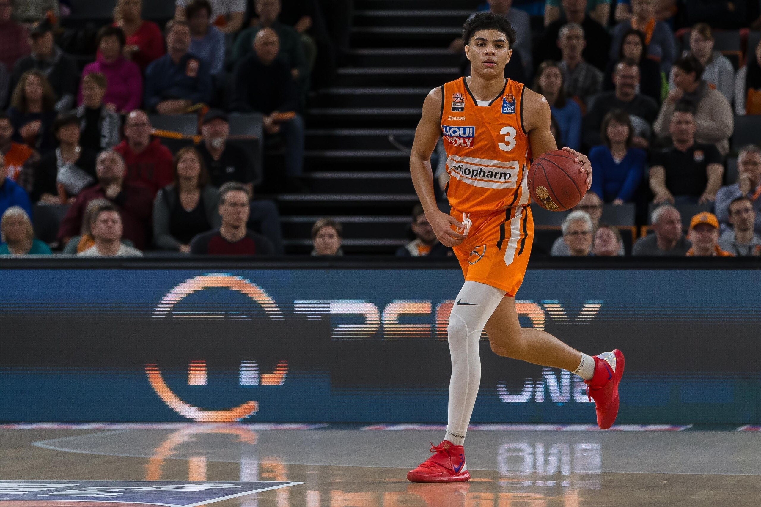 ULM, GERMANY - MARCH 08: (BILD ZEITUNG OUT) Killian Hayes of Ratiopharm Ulm controls the Ball during the EasyCredit Basketball Bundesliga (BBL) match between Ratiopharm Ulm and MHP Riesen Ludwigsburg at ratiopharm Arena on March 8, 2020 in Ulm, Germany. (
