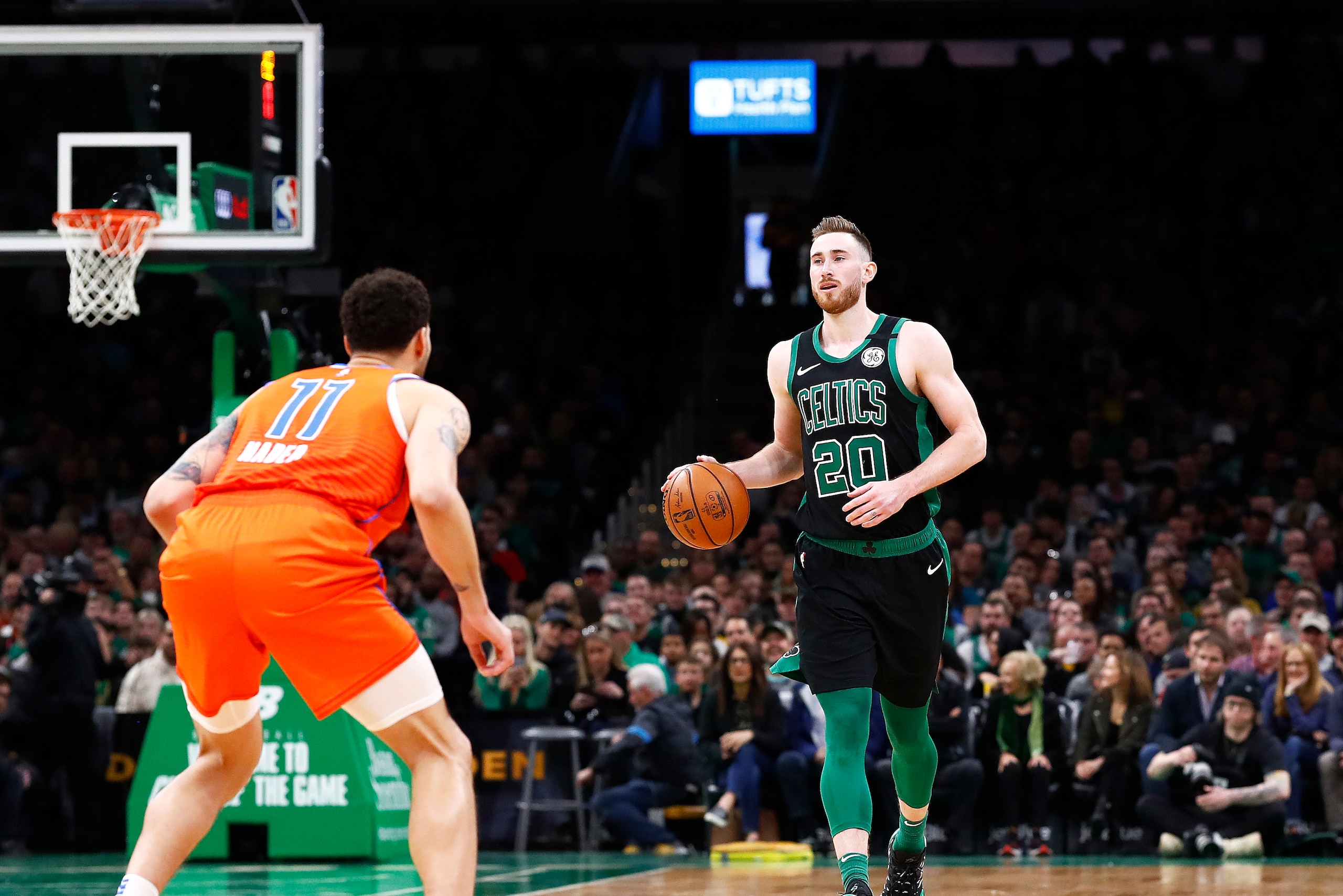 BOSTON, MASSACHUSETTS - MARCH 08: Gordon Hayward #20 of the Boston Celtics brings the ball up court during the third quarter of the game against the Oklahoma City Thunder at TD Garden on March 08, 2020 in Boston, Massachusetts. NOTE TO USER: User expressl