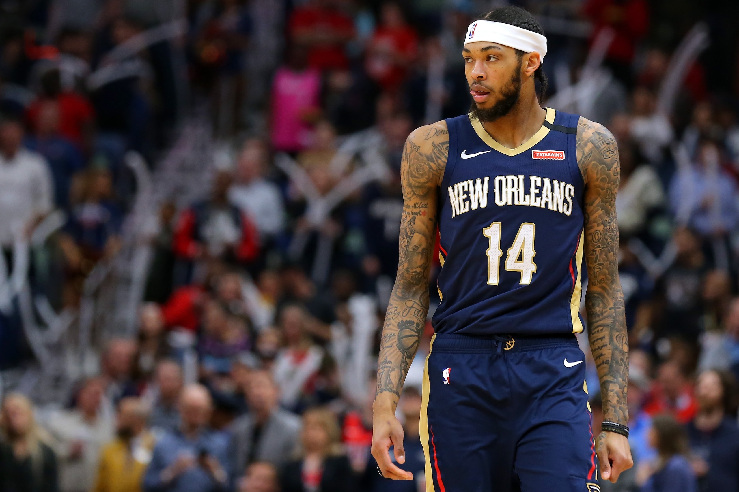 NEW ORLEANS, LOUISIANA - MARCH 06: Brandon Ingram #14 of the New Orleans Pelicans reacts against the Miami Heat during a game at the Smoothie King Center on March 06, 2020 in New Orleans, Louisiana. NOTE TO USER: User expressly acknowledges and agrees tha