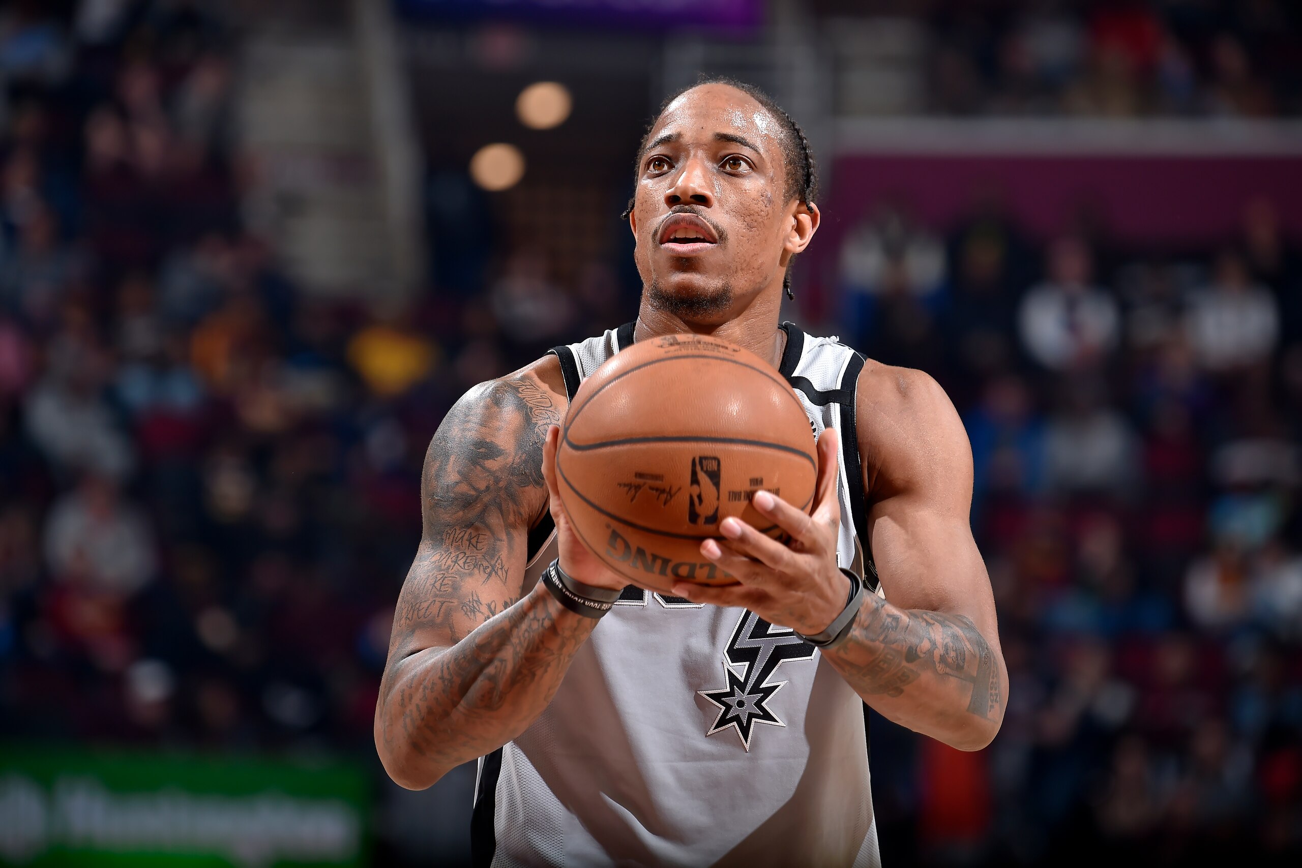 CLEVELAND, OH - MARCH 8: DeMar DeRozan #10 of the San Antonio Spurs shoots the ball against the Cleveland Cavaliers on March 8, 2020 at Rocket Mortgage FieldHouse in Cleveland, Ohio. NOTE TO USER: User expressly acknowledges and agrees that, by downloadin