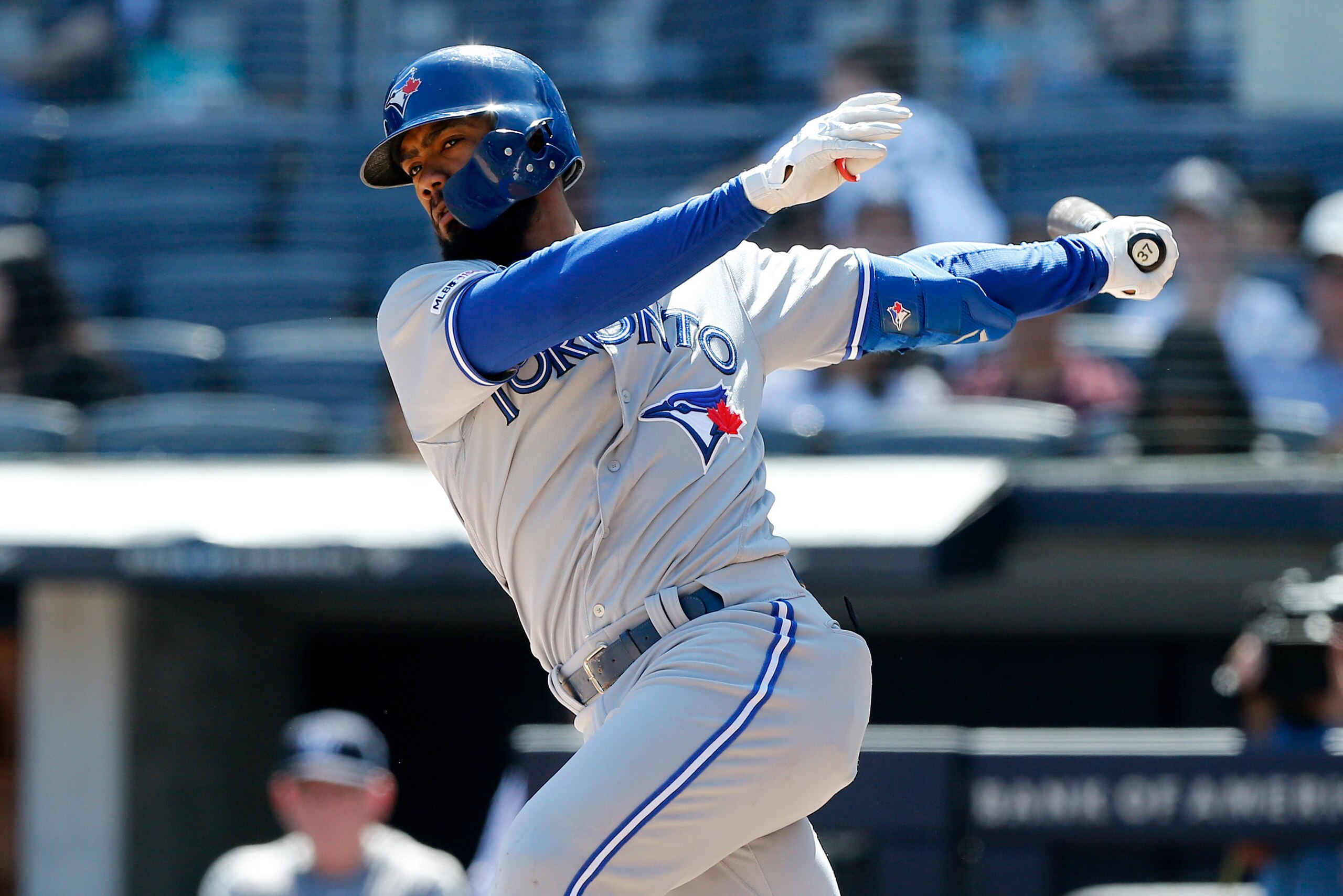 NEW YORK, NEW YORK - SEPTEMBER 21:   Teoscar Hernandez #37 of the Toronto Blue Jays in action against the New York Yankees at Yankee Stadium on September 21, 2019 in New York City. The Yankees defeated the Blue Jays 7-2. (Photo by Jim McIsaac/Getty Images