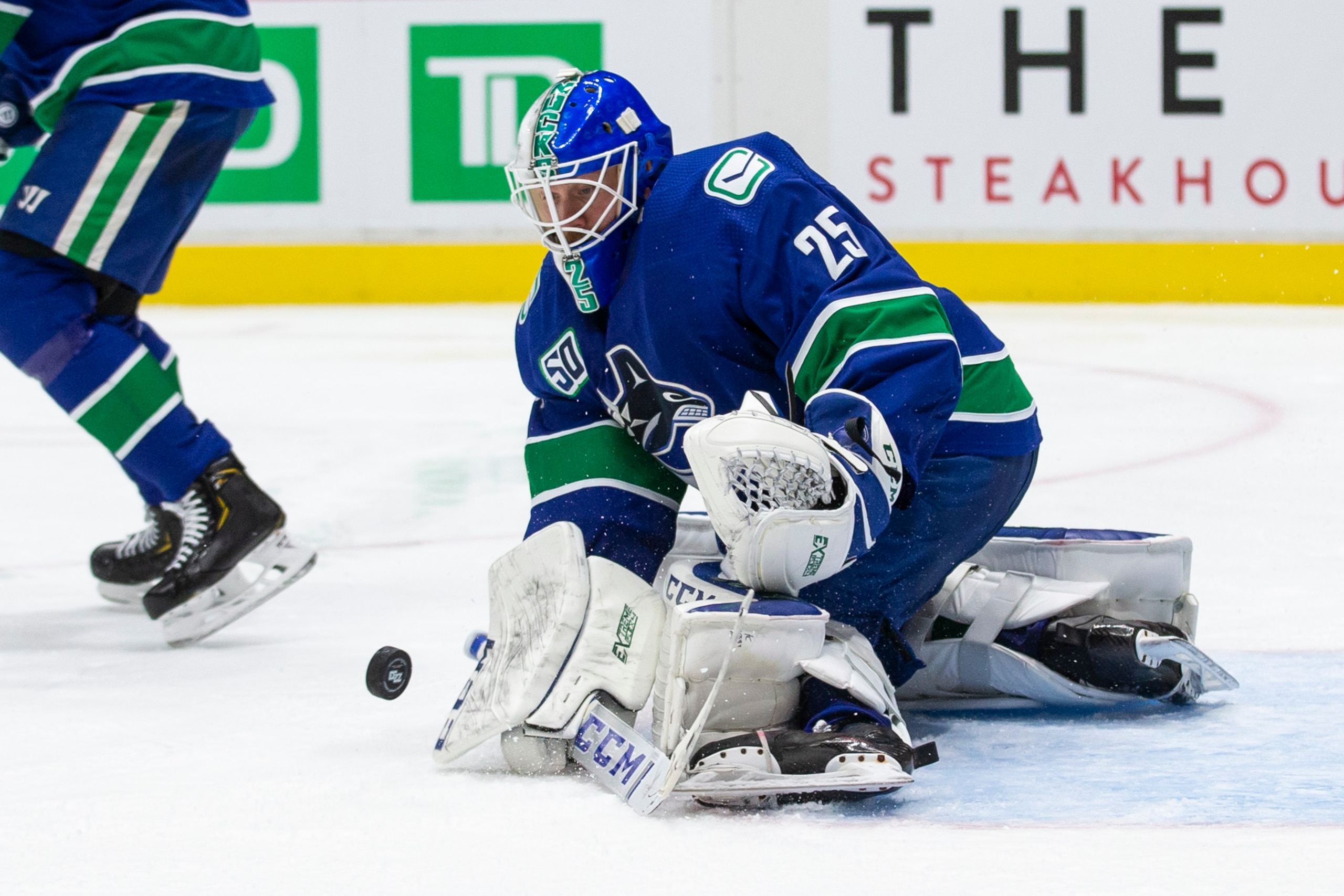 VANCOUVER, BC - FEBRUARY 20: Goaltender Jacob Markstrom #25 of the Vancouver Canucks makes a save against the Chicago Blackhawks during the third period at Rogers Arena on February 12, 2020 in Vancouver, Canada. (Photo by Ben Nelms/Getty Images)