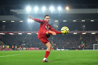 LIVERPOOL, ENGLAND - JANUARY 19: Trent Alexander-Arnold of Liverpool crosses the ball during the Premier League match between Liverpool FC and Manchester United at Anfield on January 19, 2020 in Liverpool, United Kingdom. (Photo by Michael Regan/Getty Ima