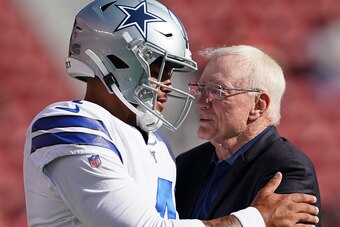 SANTA CLARA, CA - AUGUST 10:  Quarterback Dak Prescott #4 and team owner Jerry Jones of the Dallas Cowboys hug each other during pregame warm ups prior to the start of an NFL preseason football game against the San Francisco 49ers at Levi's Stadium on Aug