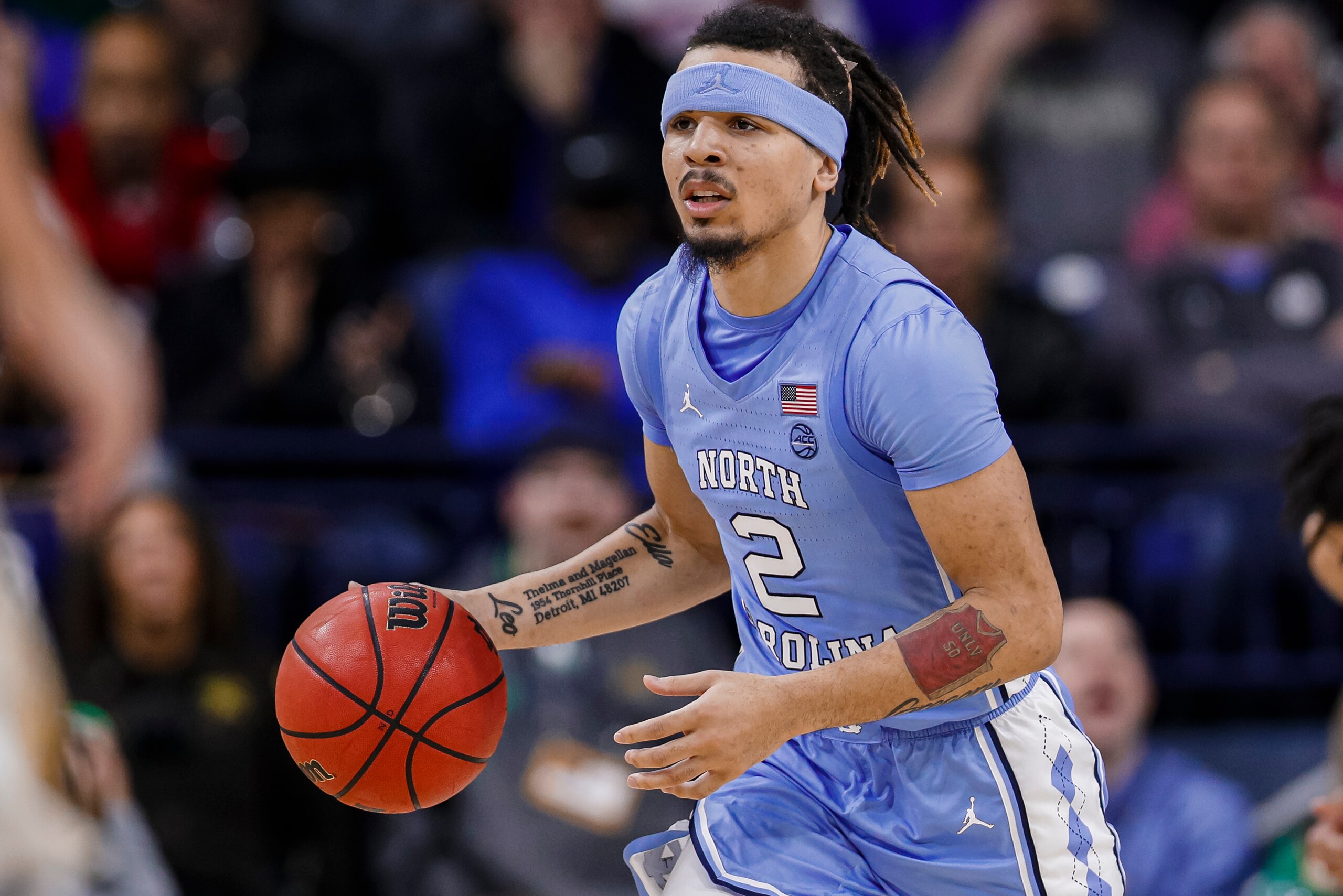SOUTH BEND, IN - FEBRUARY 17: Cole Anthony #2 of the North Carolina Tar Heels brings the ball up court during the game against the Notre Dame Fighting Irish at Purcell Pavilion on February 17, 2020 in South Bend, Indiana. (Photo by Michael Hickey/Getty Im