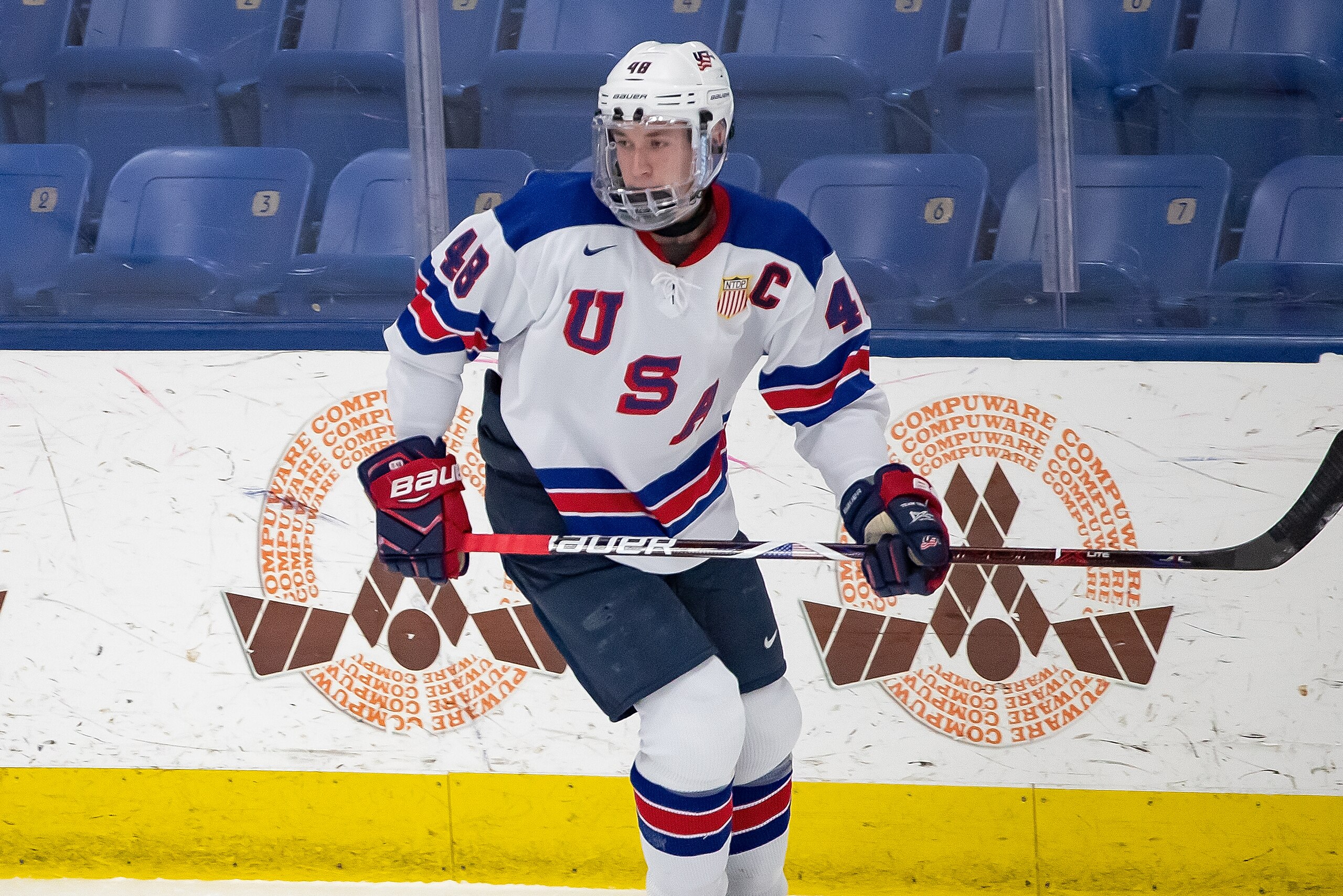 PLYMOUTH, MI - DECEMBER 11: Jake Sanderson #48 of the U.S. Nationals follows the play against the Slovakia Nationals during game two of day one of the 2018 Under-17 Four Nations Tournament game at USA Hockey Arena on December 11, 2018 in Plymouth, Michiga