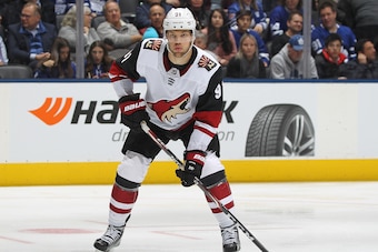 TORONTO, ON - FEBRUARY 11:  Taylor Hall #91 of the Arizona Coyotes skates against the Toronto Maple Leafs during an NHL game at Scotiabank Arena on February 11, 2020 in Toronto, Ontario, Canada. The Maple Leafs defeated the Coyotes 3-2 in overtime. (Photo