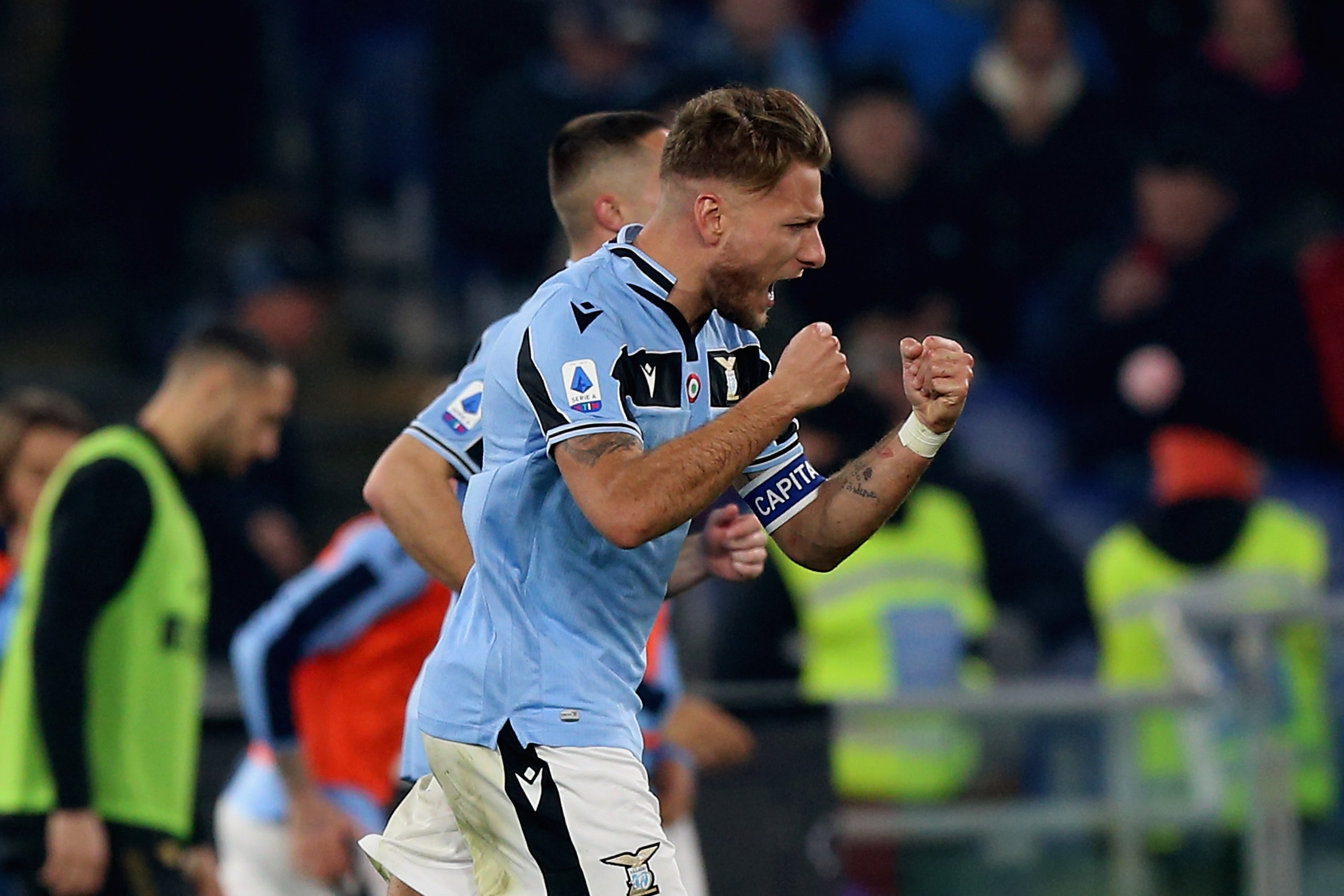 ROME, ITALY - FEBRUARY 16:  Ciro Immobile of SS Lazio celebrates after scoring the team's first goal from penalty spot during the Serie A match between SS Lazio and FC Internazionale at Stadio Olimpico on February 16, 2020 in Rome, Italy.  (Photo by Paolo