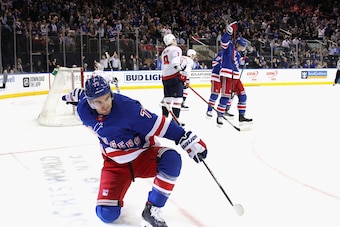 NEW YORK, NEW YORK - MARCH 05: Tony DeAngelo #77 of the New York Rangers celebrates his goal at 14:42 of the second period against the Washington Capitals at Madison Square Garden on March 05, 2020 in New York City. (Photo by Bruce Bennett/Getty Images)