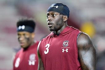 COLUMBIA, SOUTH CAROLINA - NOVEMBER 09: Javon Kinlaw #3 of the South Carolina Gamecocks warms up before their game against the Appalachian State Mountaineers at Williams-Brice Stadium on November 09, 2019 in Columbia, South Carolina. (Photo by Jacob Kupfe