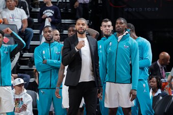 SACRAMENTO, CA - OCTOBER 30: Michael Kidd-Gilchrist #14, Nicolas Batum #5 and Marvin Williams #2 of the Charlotte Hornets look on during the game against the Sacramento Kings on October 30, 2019 at Golden 1 Center in Sacramento, California. NOTE TO USER: 