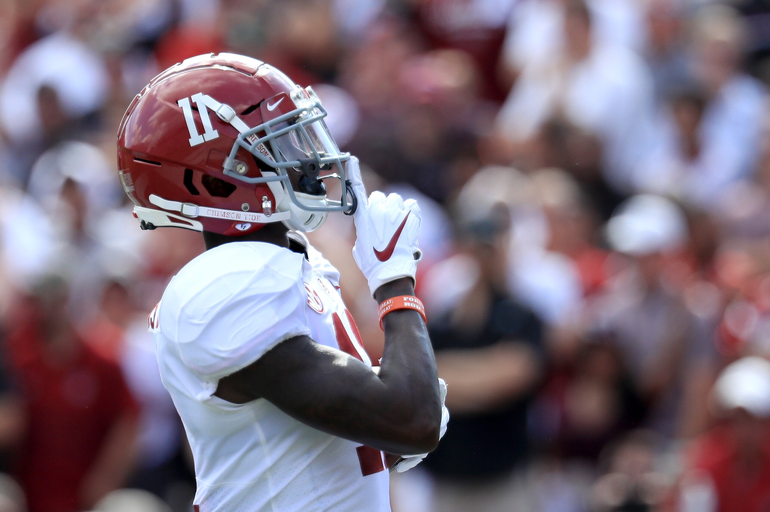 COLUMBIA, SOUTH CAROLINA - SEPTEMBER 14: Henry Ruggs III #11 of the Alabama Crimson Tide reacts after a touchdown against the South Carolina Gamecocks during their game at Williams-Brice Stadium on September 14, 2019 in Columbia, South Carolina. (Photo by