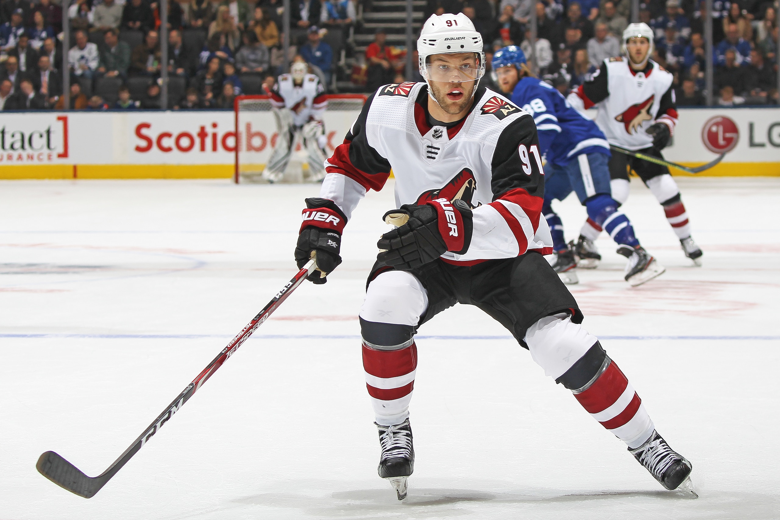 TORONTO, ON - FEBRUARY 11:  Taylor Hall #91 of the Arizona Coyotes skates against the Toronto Maple Leafs during an NHL game at Scotiabank Arena on February 11, 2020 in Toronto, Ontario, Canada. The Maple Leafs defeated the Coyotes 3-2 in overtime. (Photo