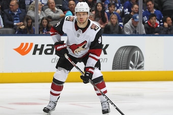TORONTO, ON - FEBRUARY 11:  Taylor Hall #91 of the Arizona Coyotes skates against the Toronto Maple Leafs during an NHL game at Scotiabank Arena on February 11, 2020 in Toronto, Ontario, Canada. The Maple Leafs defeated the Coyotes 3-2 in overtime. (Photo