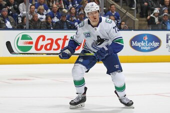 TORONTO, ON - FEBRUARY 29:  Tyler Toffoli #73 of the Vancouver Canucks skates against the Toronto Maple Leafs during an NHL game at Scotiabank Arena on February 29, 2020 in Toronto, Ontario, Canada. The Maple Leafs defeated the Canucks 4-2. (Photo by Clau