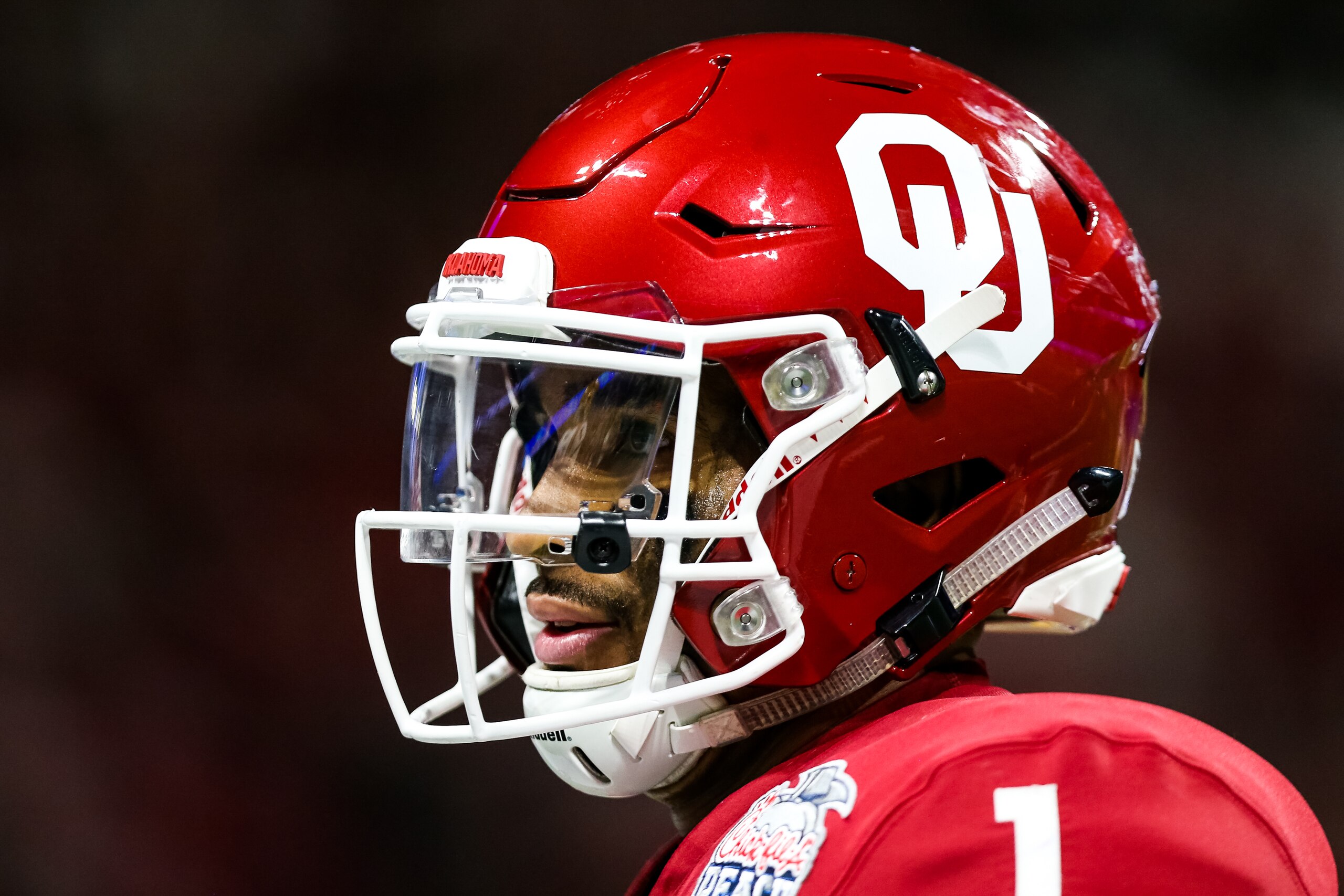 ATLANTA, GA - DECEMBER 28: Jalen Hurts #1 of the Oklahoma Sooners looks on during the Chick-fil-A Peach Bowl against the LSU Tigers at Mercedes-Benz Stadium on December 28, 2019 in Atlanta, Georgia. (Photo by Carmen Mandato/Getty Images)