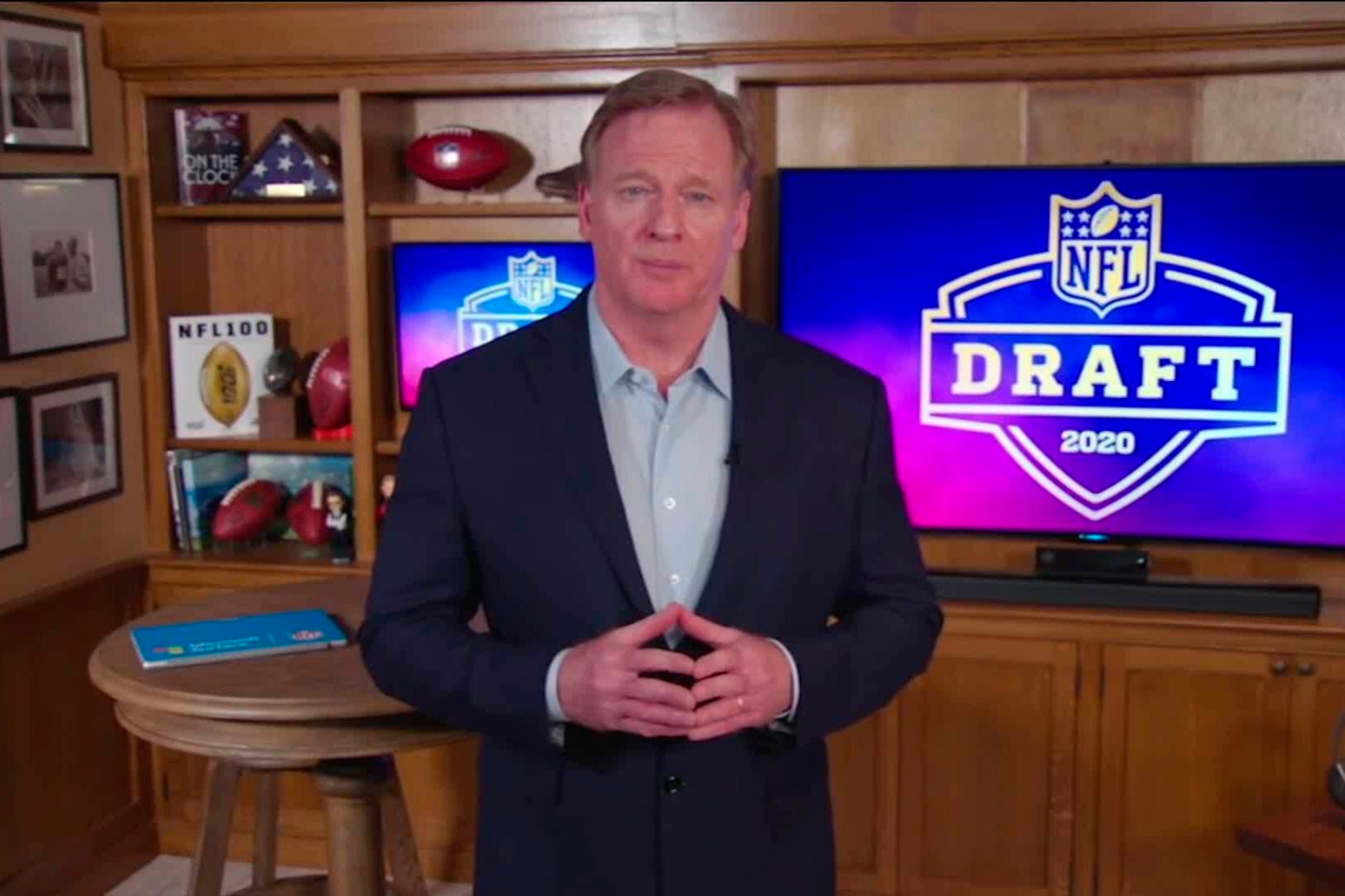 UNSPECIFIED LOCATION - APRIL 23: (EDITORIAL USE ONLY) In this still image from video provided by the NFL, NFL Commissioner Roger Goodell speaks from his home in Bronxville, New York during the first round of the 2020 NFL Draft on April 23, 2020. (Photo by
