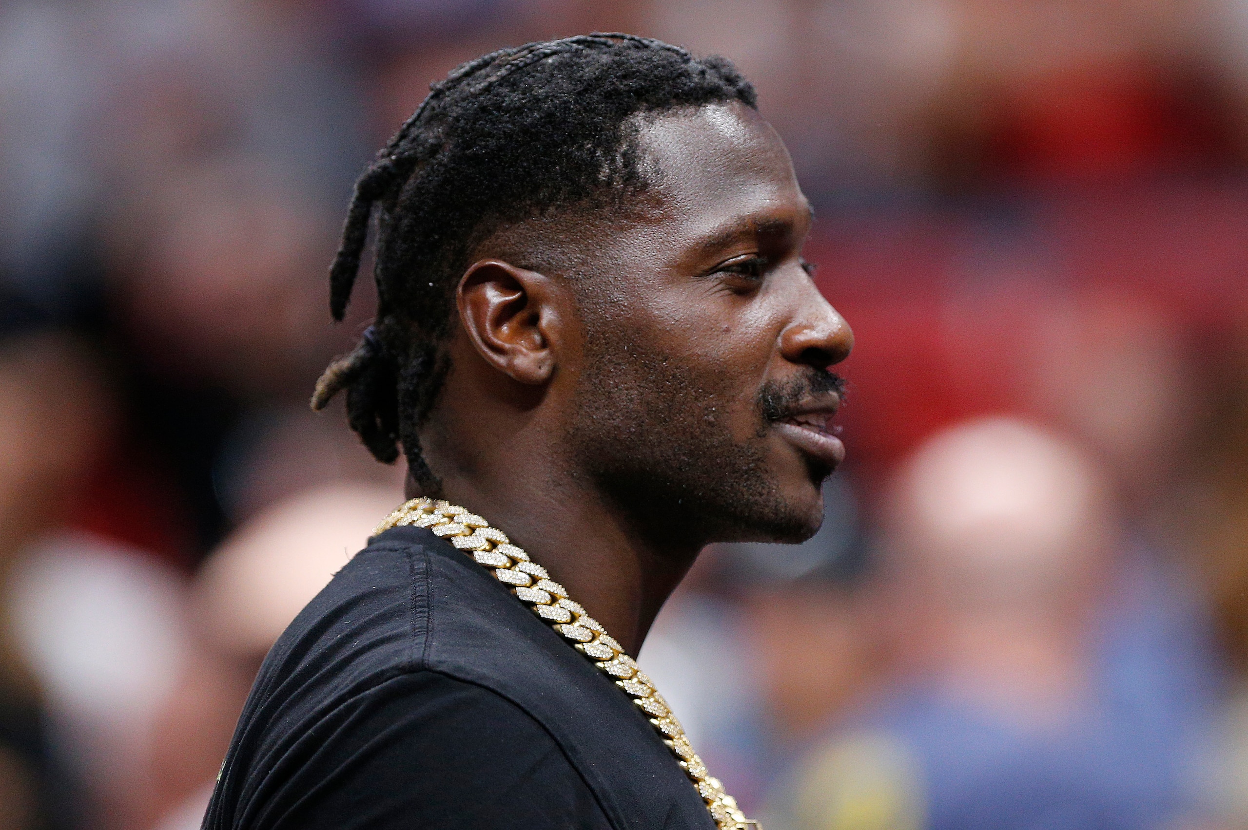 MIAMI, FLORIDA - OCTOBER 23:  NFL wide reciever Antonio Brown looks on courtside during the second half between the Miami Heat and the Memphis Grizzlies at American Airlines Arena on October 23, 2019 in Miami, Florida. NOTE TO USER: User expressly acknowl