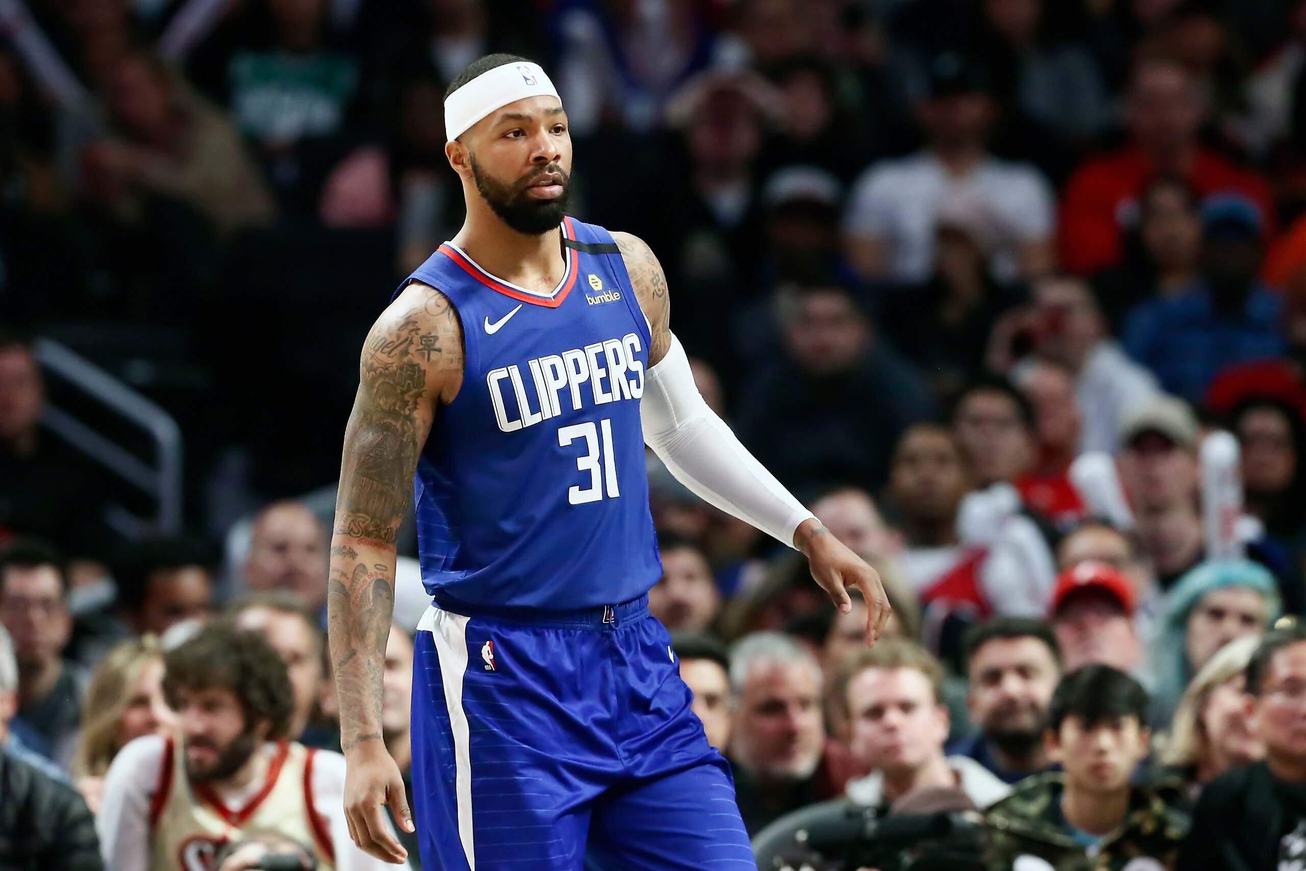LOS ANGELES, CA - MARCH 1: Marcus Morris Sr. #31 of the LA Clippers looks on during a game at the Staples Center on March 1, 2020 in Los Angeles, CA. NOTE TO USER: User expressly acknowledges and agrees that, by downloading and or using this photograph, U LOS ANGELES, CA - MARCH 1: Marcus Morris Sr. #31 of the LA Clippers looks on during a game at the Staples Center on March 1, 2020 in Los Angeles, CA. NOTE TO USER: User expressly acknowledges and agrees that, by downloading and or using this photograph, U