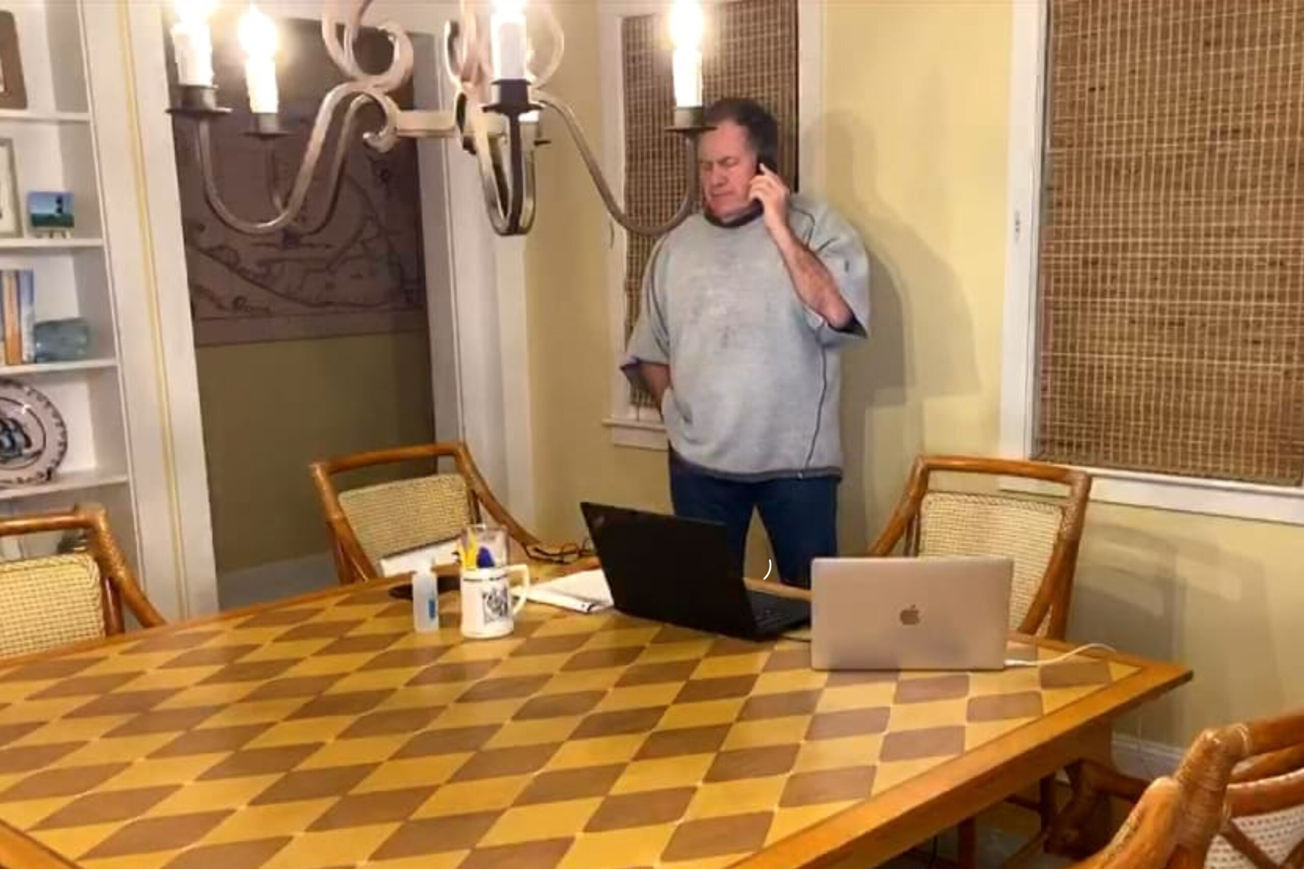 UNSPECIFIED LOCATION - APRIL 23: (EDITORIAL USE ONLY) In this still image from video provided by the New England Patriots, Head Coach Bill Belichick speaks via teleconference after being selected during the first round of the 2020 NFL Draft on April 23, 2