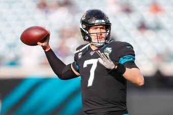 JACKSONVILLE, FLORIDA - DECEMBER 29: Nick Foles #7 of the Jacksonville Jaguars throws a pass before the start of a game between the Jacksonville Jaguars and Indianapolis Colts at TIAA Bank Field on December 29, 2019 in Jacksonville, Florida. (Photo by Jam