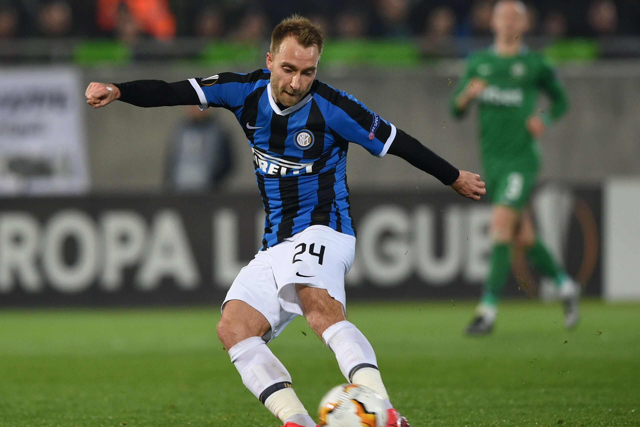 Inter Milan's Christian Eriksen from Denmark shoots the ball during the UEFA Europa League round of 32 first leg football match between PFC Ludogorets 1945 and Inter Milan at the Ludogorets Arena in Razgrad, Bulgaria, on February 20, 2020. (Photo by NIKOL