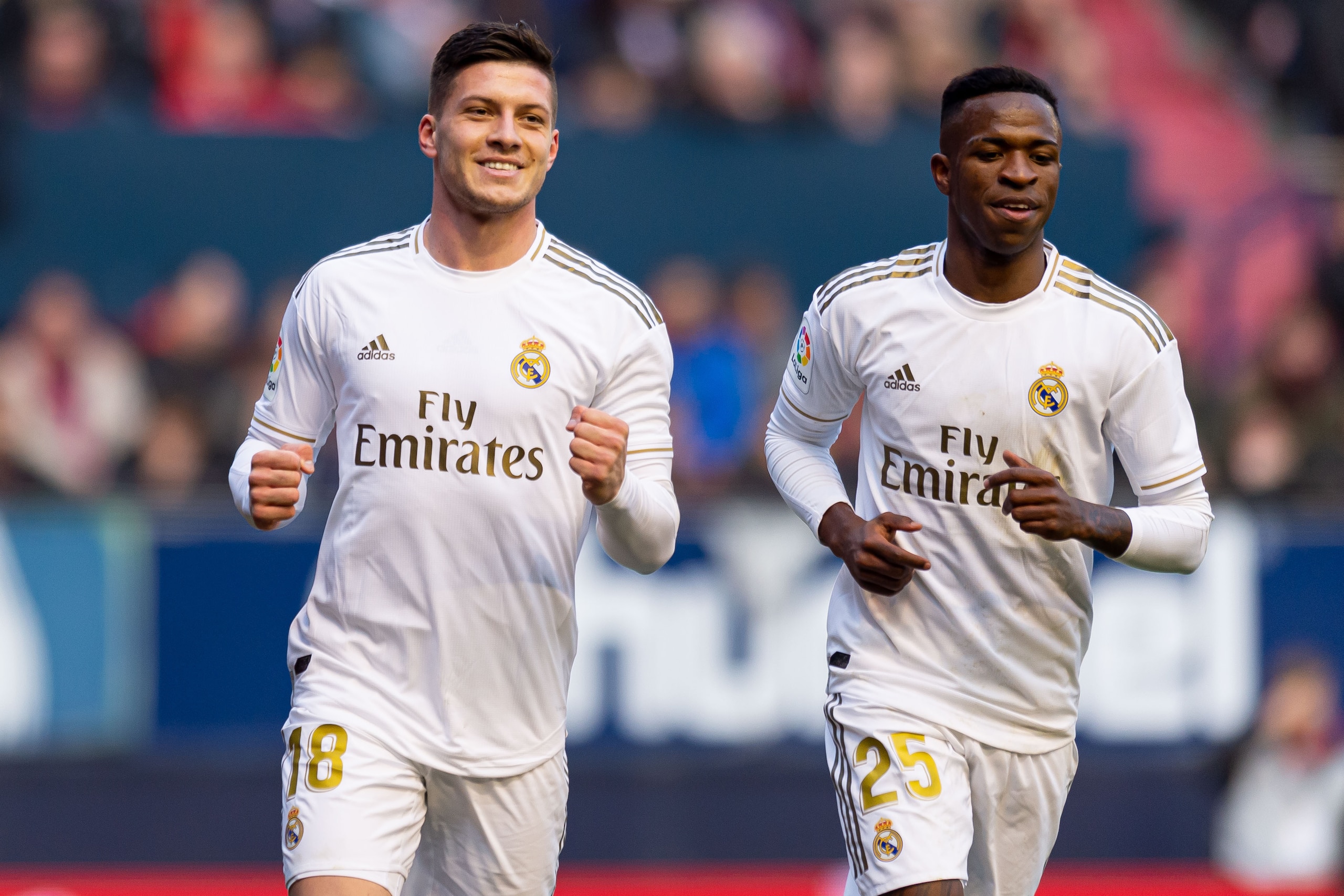 PAMPLONA, SPAIN - FEBRUARY 09: (BILD ZEITUNG OUT) Luka Jovic of Real Madrid celebrates his team's fourth goal 1:4 with Vinicius Jr. of Real Madrid during the Liga match between CA Osasuna and Real Madrid CF at El Sadar Stadium on February 09, 2020 in Pamp