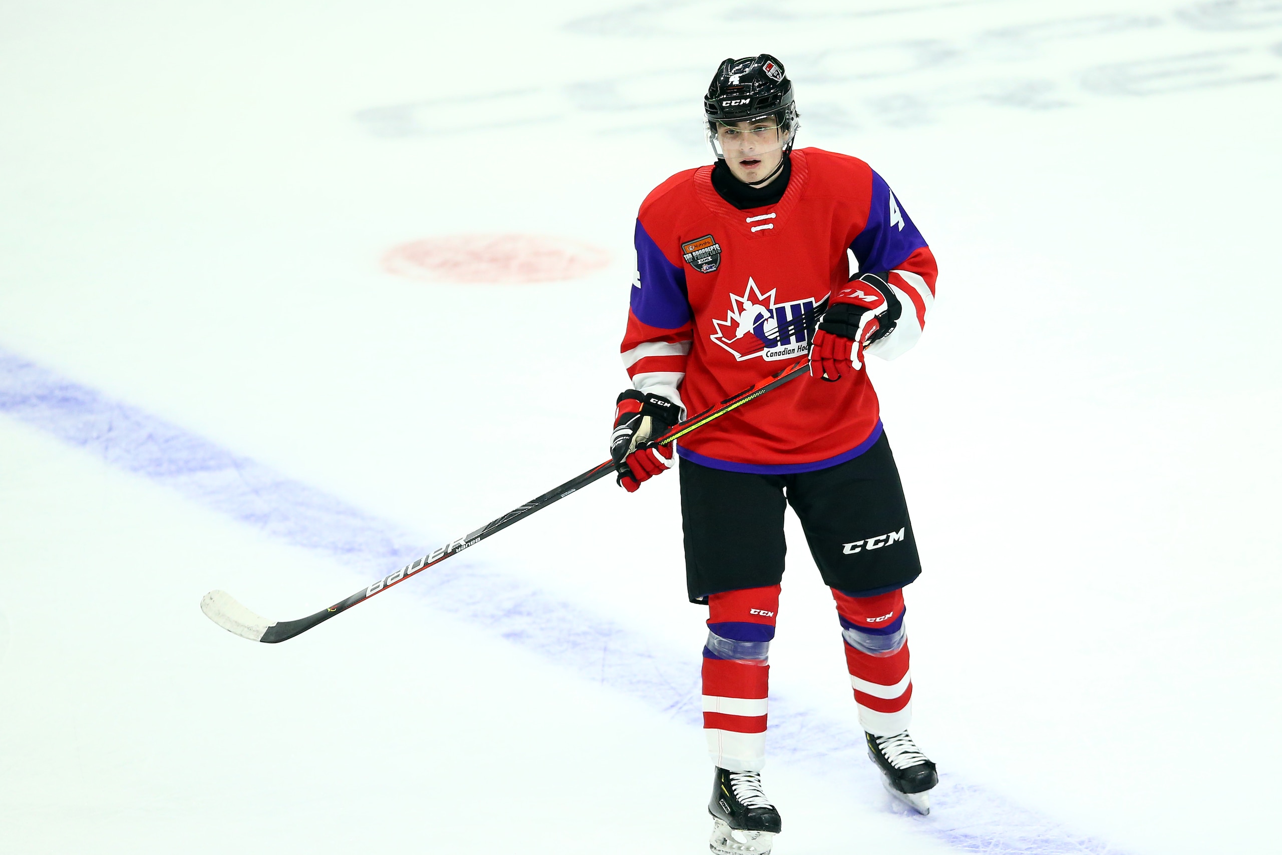 HAMILTON, ON - JANUARY 16:  Jamie Drysdale #4 of Team Red skates during the 2020 CHL/NHL Top Prospects Game against Team White at FirstOntario Centre on January 16, 2020 in Hamilton, Canada.  (Photo by Vaughn Ridley/Getty Images)
