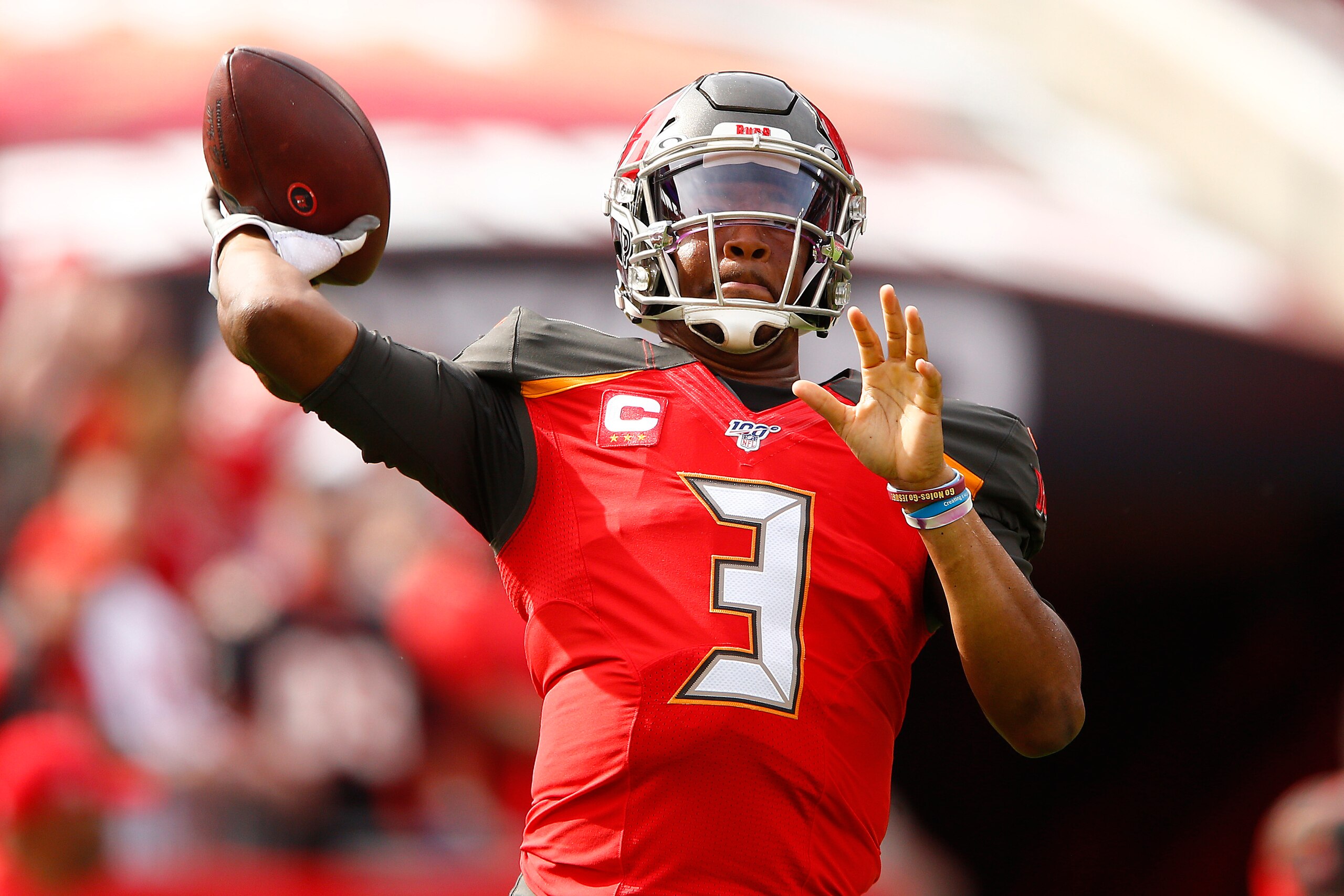 TAMPA, FLORIDA - DECEMBER 29: Jameis Winston #3 of the Tampa Bay Buccaneers warms up prior to the game against the Atlanta Falcons at Raymond James Stadium on December 29, 2019 in Tampa, Florida. (Photo by Michael Reaves/Getty Images) TAMPA, FLORIDA - DECEMBER 29: Jameis Winston #3 of the Tampa Bay Buccaneers warms up prior to the game against the Atlanta Falcons at Raymond James Stadium on December 29, 2019 in Tampa, Florida. (Photo by Michael Reaves/Getty Images)