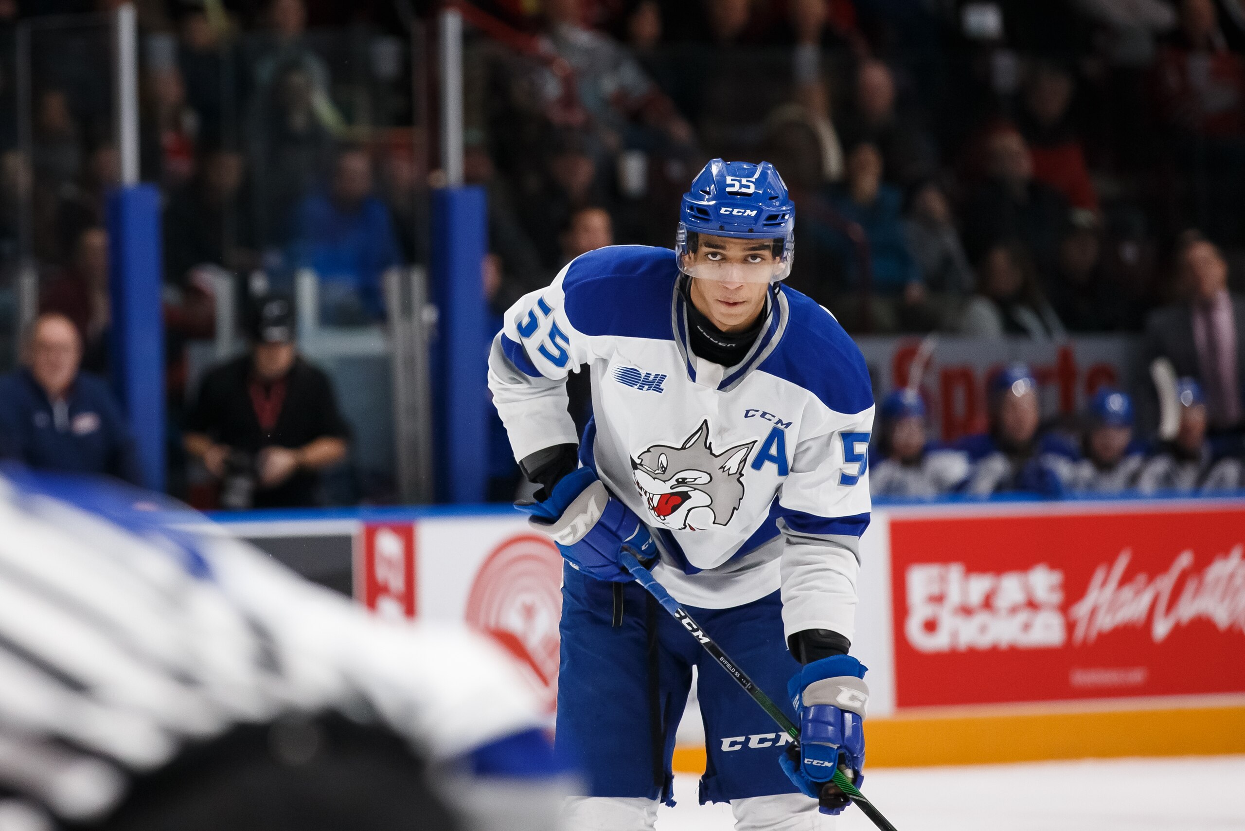 OSHAWA, ON - FEBRUARY 7: Quinton Byfield #55 of the Sudbury Wolves looks on before a face-off during an OHL game against the Oshawa Generals at the Tribute Communities Centre on February 7, 2020 in Oshawa, Ontario, Canada. (Photo by Chris Tanouye/Getty I OSHAWA, ON - FEBRUARY 7: Quinton Byfield #55 of the Sudbury Wolves looks on before a face-off during an OHL game against the Oshawa Generals at the Tribute Communities Centre on February 7, 2020 in Oshawa, Ontario, Canada. (Photo by Chris Tanouye/Getty I