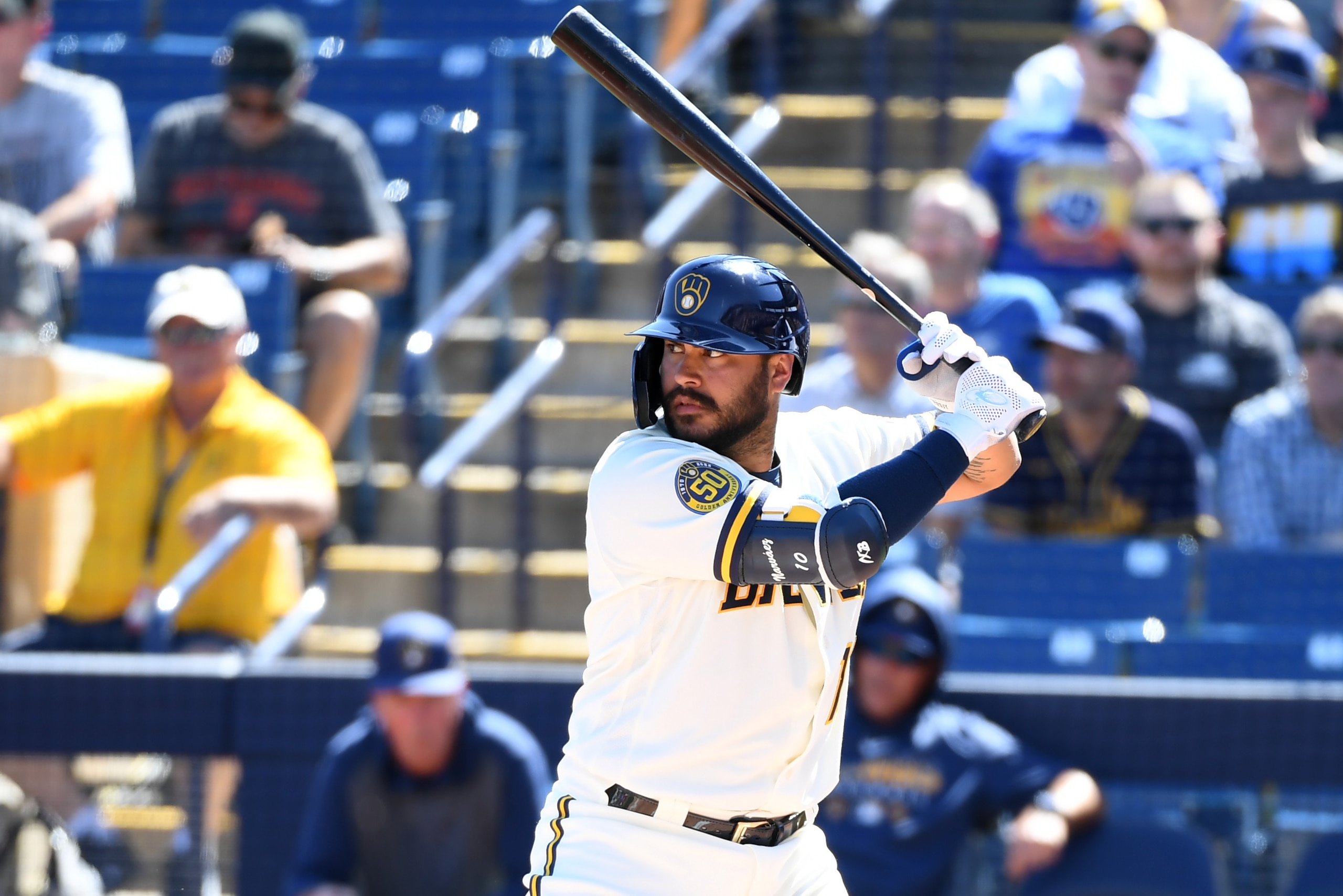 MARYVALE, ARIZONA - MARCH 06: Omar Narvaez #10 of the Milwaukee Brewers gets ready in the batters box against the San Francisco Giants during a spring training game at American Family Fields of Phoenix on March 06, 2020 in Maryvale, Arizona. (Photo by Nor