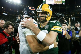 GREEN BAY, WI - SEPTEMBER 09:  Mitchell Trubisky #10 of the Chicago Bears and Aaron Rodgers #12 of the Green Bay Packers meet after the Green Bay Packers beat the Chicago Bears 24-23 at Lambeau Field on September 9, 2018 in Green Bay, Wisconsin.  (Photo b