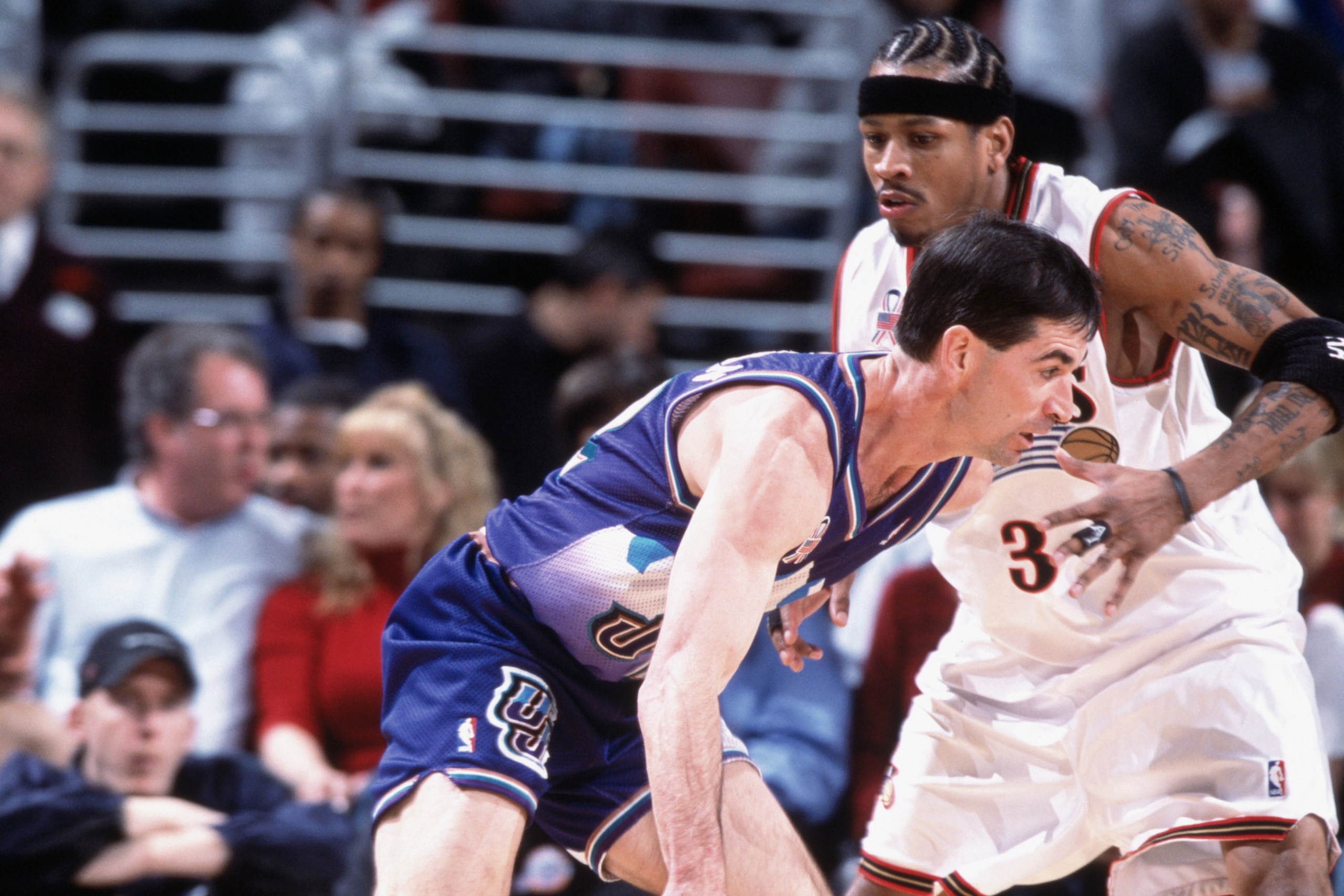 14 Feb 2002: Guard John Stockton #12 of the Utah Jazz drives past guard Allen Iverson #3 of the Philadelphia 76ers during the NBA game at the First Union Center in Philadelphia, Pennsylvania. The Jazz defeated the 76ers 98-91.\ NOTE TO USER: User expres 14 Feb 2002: Guard John Stockton #12 of the Utah Jazz drives past guard Allen Iverson #3 of the Philadelphia 76ers during the NBA game at the First Union Center in Philadelphia, Pennsylvania. The Jazz defeated the 76ers 98-91.\ NOTE TO USER: User expres