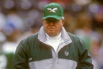 PHILADELPHIA, PA - NOVEMBER 19:  Head coach Buddy Ryan of the Philadelphia Eagles looks on before a football game against the Minnesota Viking on November 19, 1989 at Veterans Stadium in Philadelphia, Pennsylvania.  The Eagles won 10-9.  (Photo by Mitchel
