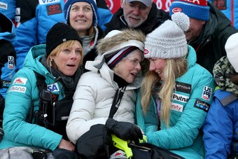 KILLINGTON, VT - NOVEMBER 26:  Mikaela Shiffrin #5 of the United States sits with her mother Eileen Shiffrin and grandmother Pauline Condron on the medals podium for a family photo after winning the Slalom competition during the Audi FIS Ski World Cup - K