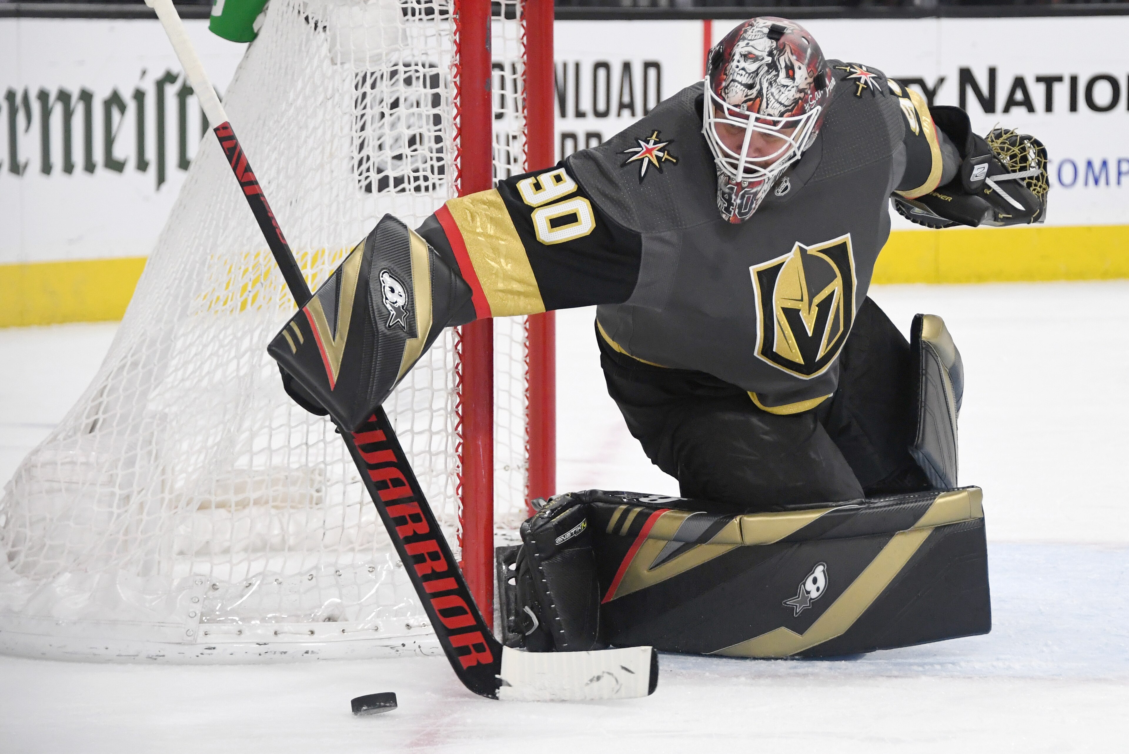 LAS VEGAS, NEVADA - MARCH 03: Robin Lehner #90 of the Vegas Golden Knights pushes the puck past the net in the first period of a game against the New Jersey Devils at T-Mobile Arena on March 3, 2020 in Las Vegas, Nevada. (Photo by Ethan Miller/Getty Ima LAS VEGAS, NEVADA - MARCH 03: Robin Lehner #90 of the Vegas Golden Knights pushes the puck past the net in the first period of a game against the New Jersey Devils at T-Mobile Arena on March 3, 2020 in Las Vegas, Nevada. (Photo by Ethan Miller/Getty Ima