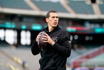 ARLINGTON, TX - MARCH 7: Luis Perez #7 of the New York Guardians warms up before the XFL game against the Dallas Renegades at Globe Life Park on March 7, 2020 in Arlington, Texas. (Photo by Cooper Neill/XFL via Getty Images)