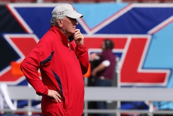 ARLINGTON, TEXAS - MARCH 01: Head coach June Jones of the Houston Roughnecks on the field during warmups before an XFL football game against the Dallas Renegades on March 01, 2020 in Arlington, Texas. (Photo by Richard Rodriguez/Getty Images)