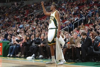 SEATTLE - JANUARY 11:  Kevin Durant #35 of the Seattle SuperSonics gestures from the sideline during the game against the Dallas Mavericks on January 11, 2008 at the Key Arena in Seattle, Washington. The Mavericks won 90-70. NOTE TO USER: User expressly a