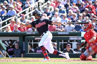 GOODYEAR, ARIZONA - MARCH 03: Francisco Lindor #12 of the Cleveland Indians follows through on a swing against the Los Angeles Angels during a spring training game at Goodyear Ballpark on March 03, 2020 in Goodyear, Arizona. (Photo by Norm Hall/Getty Imag