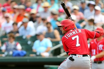 JUPITER, FL - MARCH 10: Trea Turner #7 of the Washington Nationals in action against the Miami Marlins during a spring training baseball game at Roger Dean Stadium on March 10, 2020 in Jupiter, Florida. The Marlins defeated the Nationals 3-2. (Photo by Ri