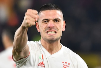 Juventus' Turkish defender Merih Demiral celebrates after opening the scoring during the Italian Serie A football match AS Roma vs Juventus on January 12, 2020 at the Olympic stadium in Rome. (Photo by Tiziana FABI / AFP) (Photo by TIZIANA FABI/AFP via Ge