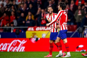 MADRID, SPAIN - FEBRUARY 23: (L-R) Renan Lodi of Atletico Madrid, Joao Felix of Atletico Madrid celebrates goal 3-1 during the La Liga Santander  match between Atletico Madrid v Villarreal at the Estadio Wanda Metropolitano on February 23, 2020 in Madrid 
