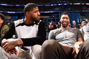 NEW ORLEANS, LA - FEBRUARY 17:  Paul George #13 of the Indiana Pacers, Anthony Davis #23 of the New Orleans Pelicans, and Kyrie Irving #2 of the Cleveland Cavaliers during the BBVA Compass Rising Stars Challenge as part of 2017 All-Star Weekend at the Smo